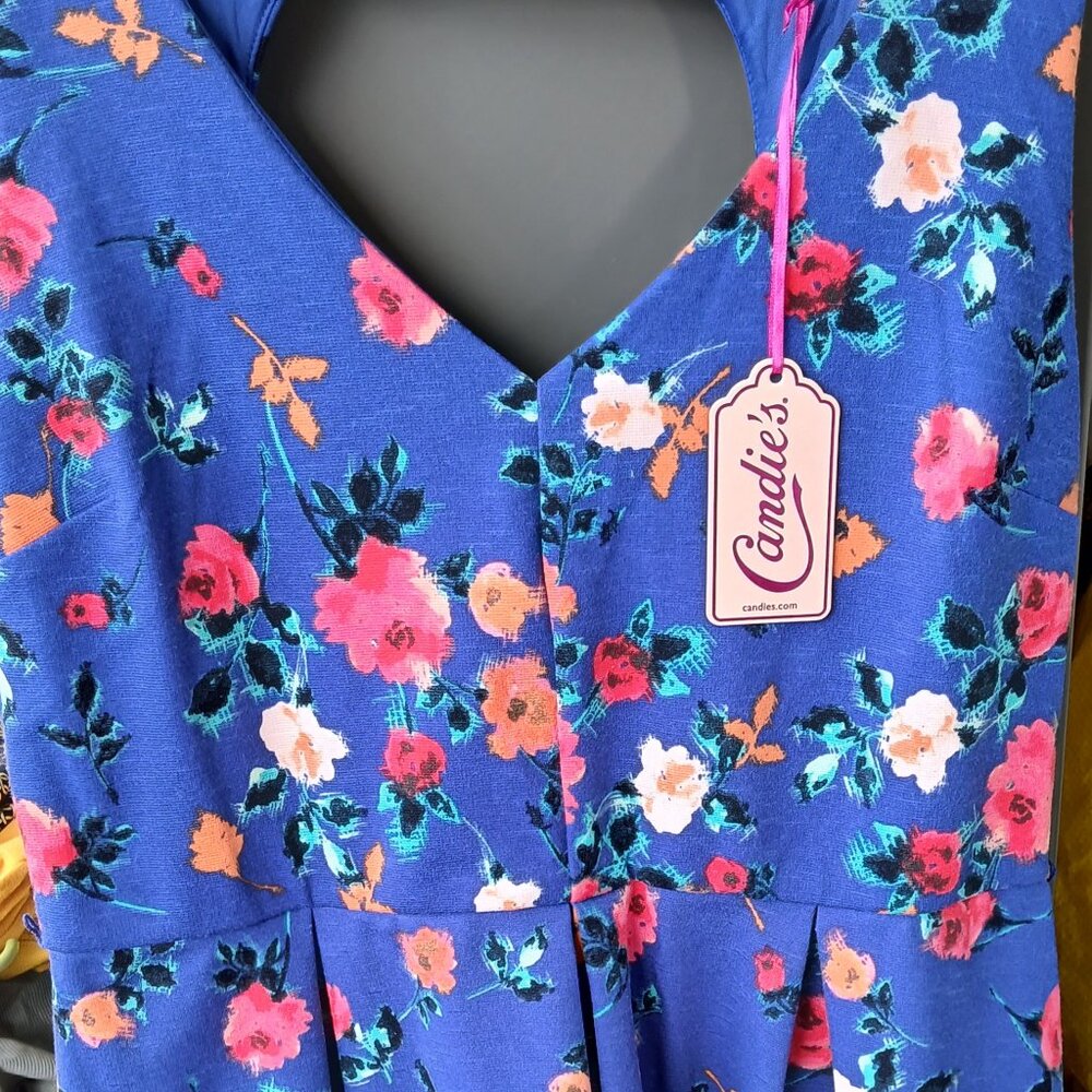 Candies Blue Floral Print Flare Dress Sweetheart Cutout Bow Back - NWT -Size XL